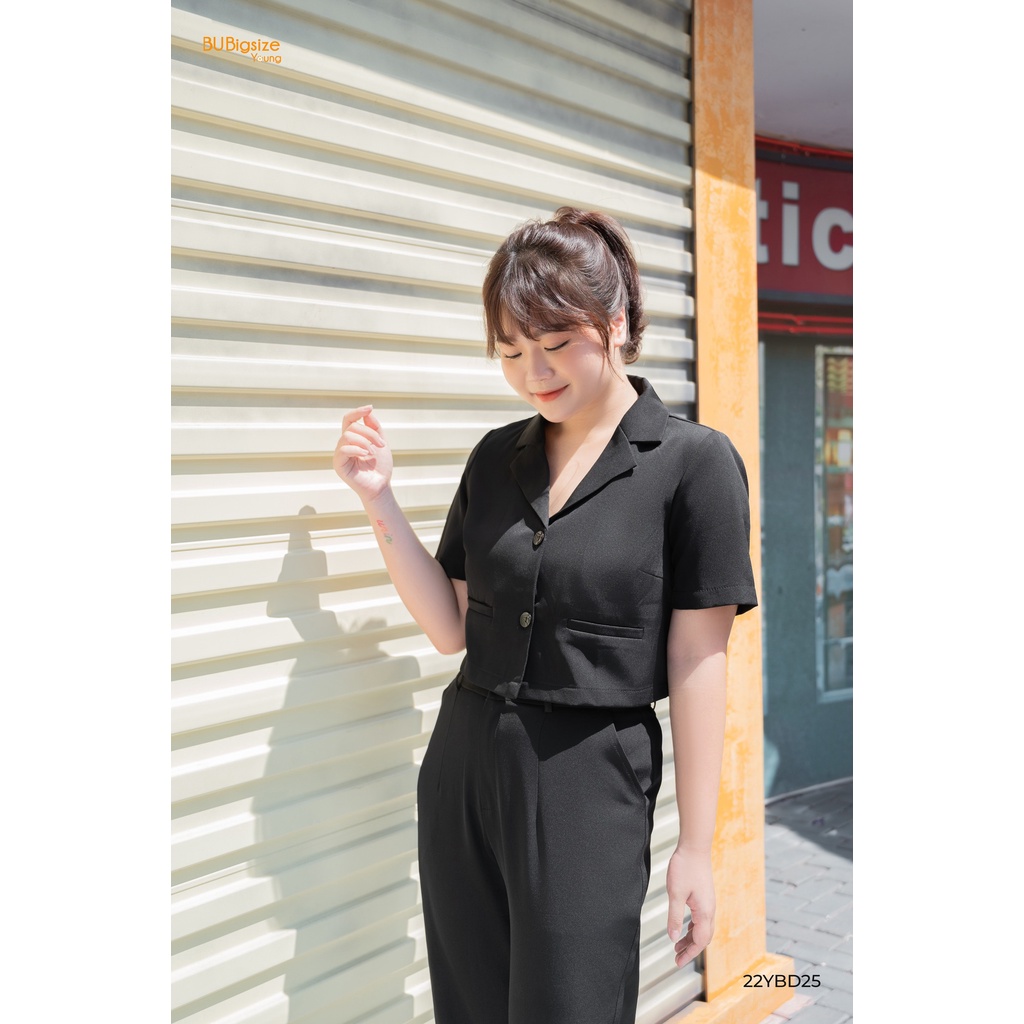 Set áo cổ bẻ dáng ngắn + Quần ống rộng BIGSIZE (55kg đến 95kg) - 22YBD25 - [BU Bigsize Young]