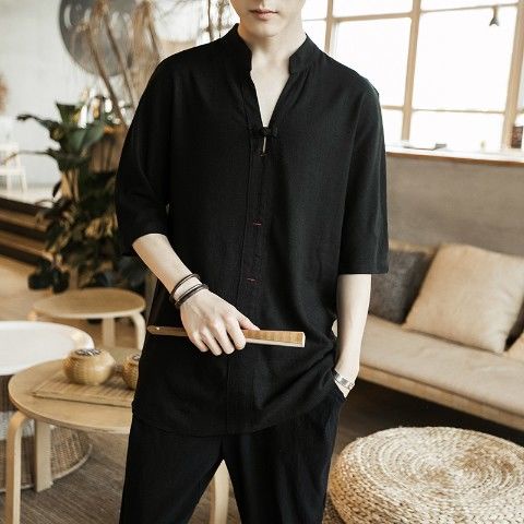 Áo nam Tay Ngắn Dáng Rộng Phong Cách Trung Hoa