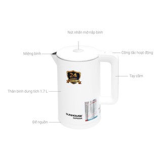 Ấm siêu tốc inox 2 lớp 1.7l sunhouse mama shd1386w