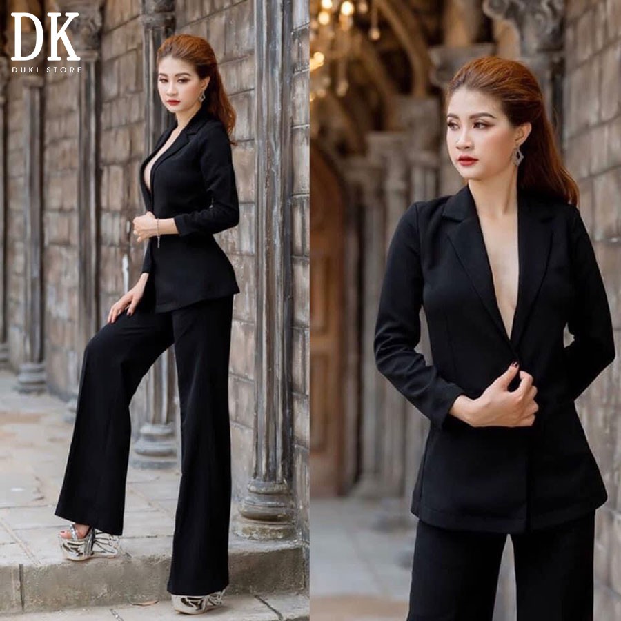 Bộ vest nữ quần ống loe màu đen cuốn hút - DUKI STORE
