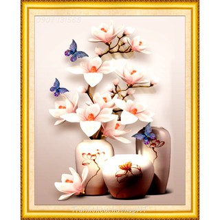 Tranh đính đá, Tranh thêu chữ thập Bình hoa Ngọc Lan LV338, LV3261 (thêu kín)