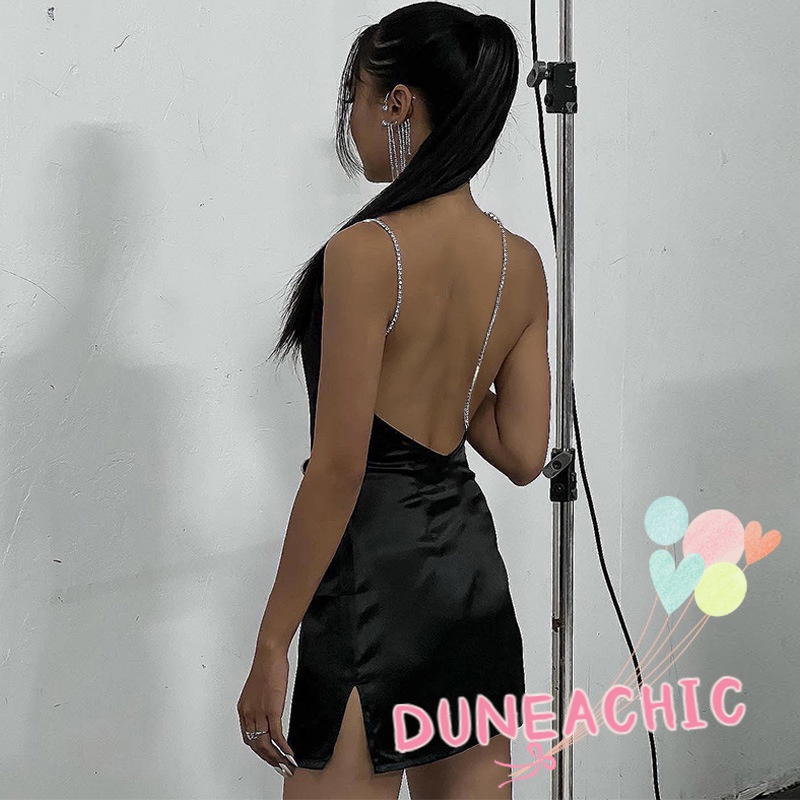 DUNEA Đầm hai dây hở lưng xẻ tà gợi cảm thời trang dành cho nữ