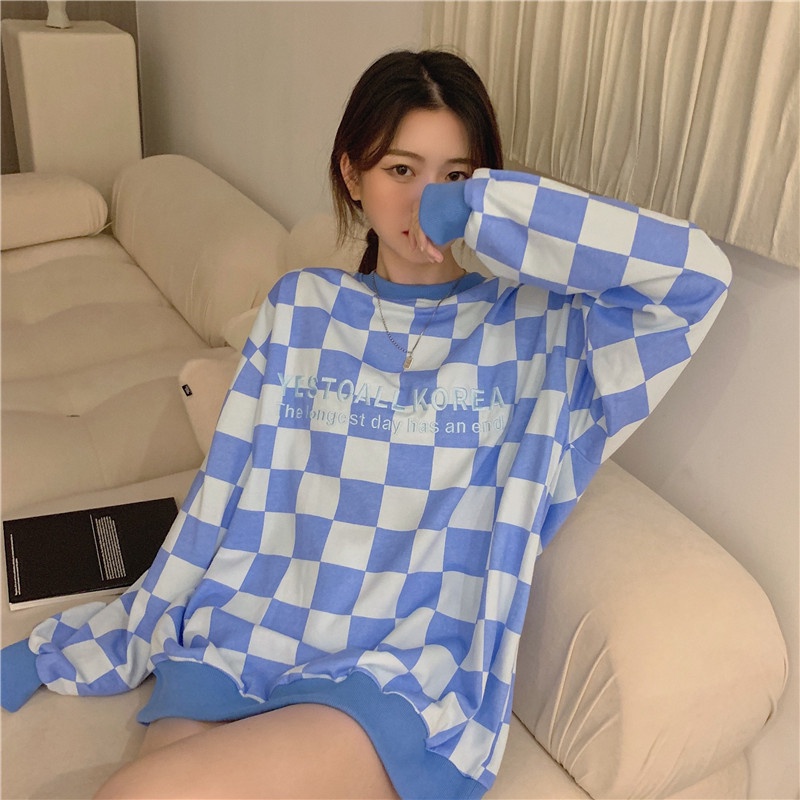Áo sweater tay dài dáng rộng sọc ca rô phối màu sắc tương phản trẻ trung thời trang dành cho nữ | BigBuy360 - bigbuy360.vn