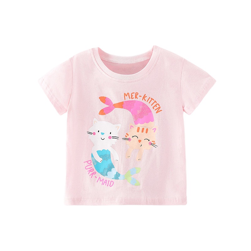 Áo Thun Tay Ngắn Cổ Tròn Chất Liệu Cotton In Hình Mèo Dễ Thương Cho Bé Gái