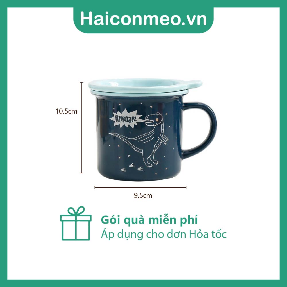 Ly cốc sứ quà tặng dễ thương hình chú Khủng Long có nắp đậy 380ml