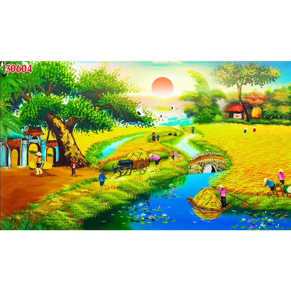 Tranh Dán Tường 3D Đồng Quê Ruộng Lúa Chín Thơm, hình ảnh đầu làng, đường làng quen thuộc thế hệ xưa