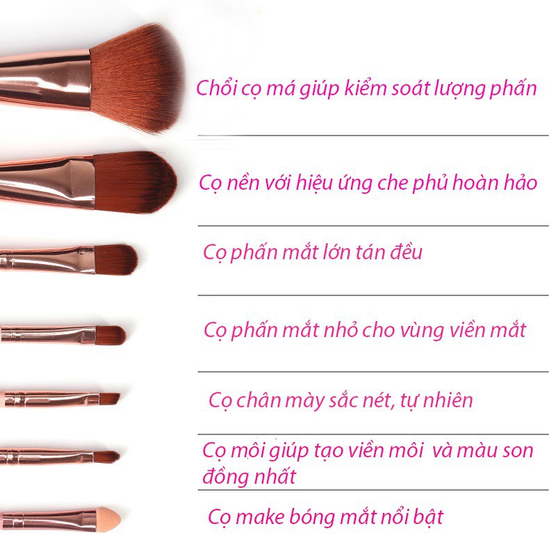 Bộ cọ trang điểm 7 cây makeup cơ bản tán kem nền phấn phủ tán son môi siêu xinh kèm hộp Yasan