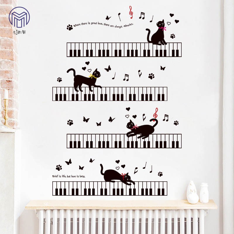 Miếng dán tường bằng PVC hình phím đàn piano & mèo dùng để trang trí