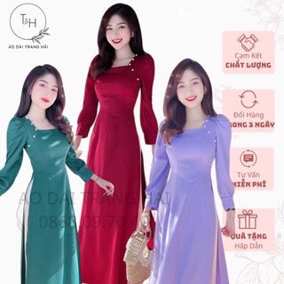 Áo dài cổ vuông tay bồng,bô cổ tay đính hạt viền cổ, áo dài cách tân lụa tây thi