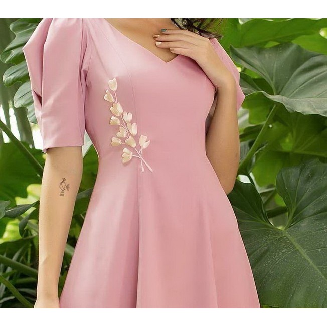 Đầm thun xòe thiết kế midi cổ tim tay phồng thêu hoa eo đi tiệc | đi làm (có nhiều size và màu)
