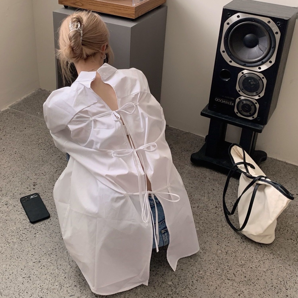 Áo Sơ Mi Trắng Dáng Rộng Dài Vừa Hai Lớp Phía Trước Và Sau Thiết Kế Cảm Giác Thời Trang Hàn Quốc Cho Nữ