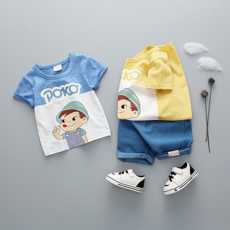 Bộ áo thun cộc tay in hình + quần short cho bé