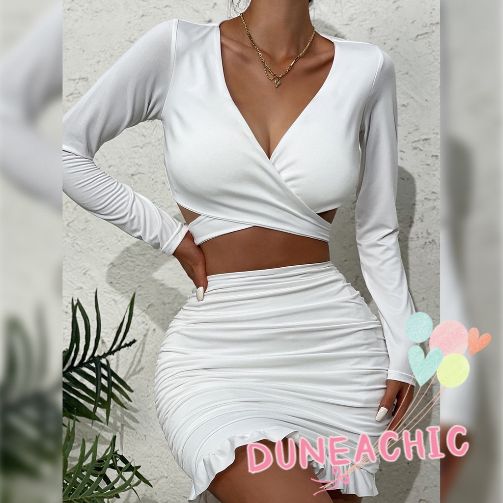 DUNEA Set Áo Croptop Cổ Chữ V + Chân Váy Bèo Nhún Quyến Rũ Cho Nữ