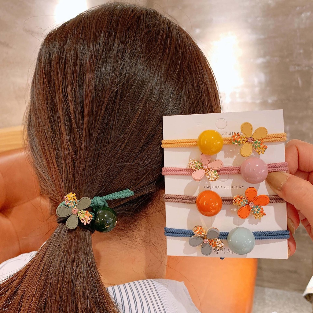 Dây Cột Tóc Cao Su Co Giãn Đính Hạt Hình Hoa Dễ Thương Thời Trang Cho Nữ