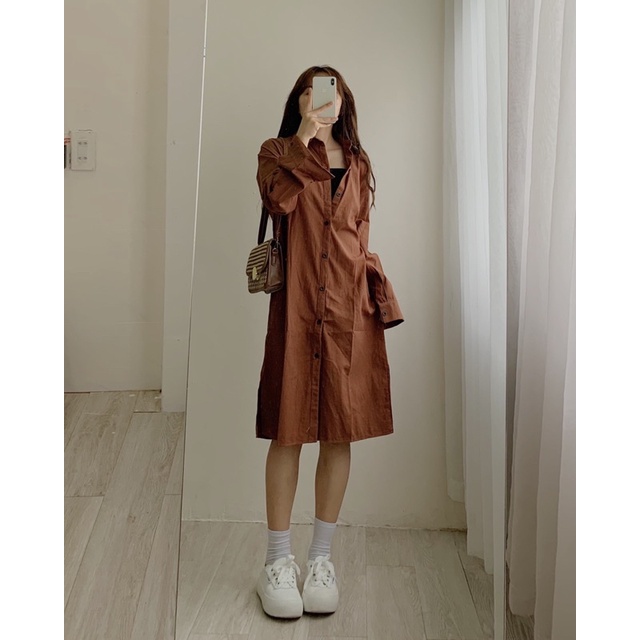 Váy sơ mi thô oversize dáng dài xẻ tà 264