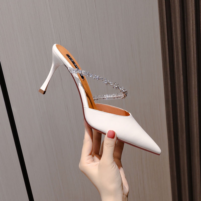 Giày cao gót mũi nhọn màu trắng thời trang mùa hè 2022 cổ tích nhẹ nhàng cho nữ