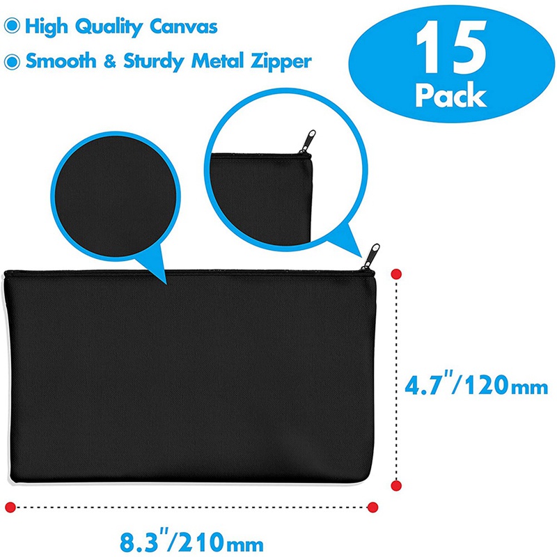 Bộ 15 Túi Đựng Bút Bằng Vải Canvas 8.3X4.7in Màu Đen Có Khóa Kéo Diy