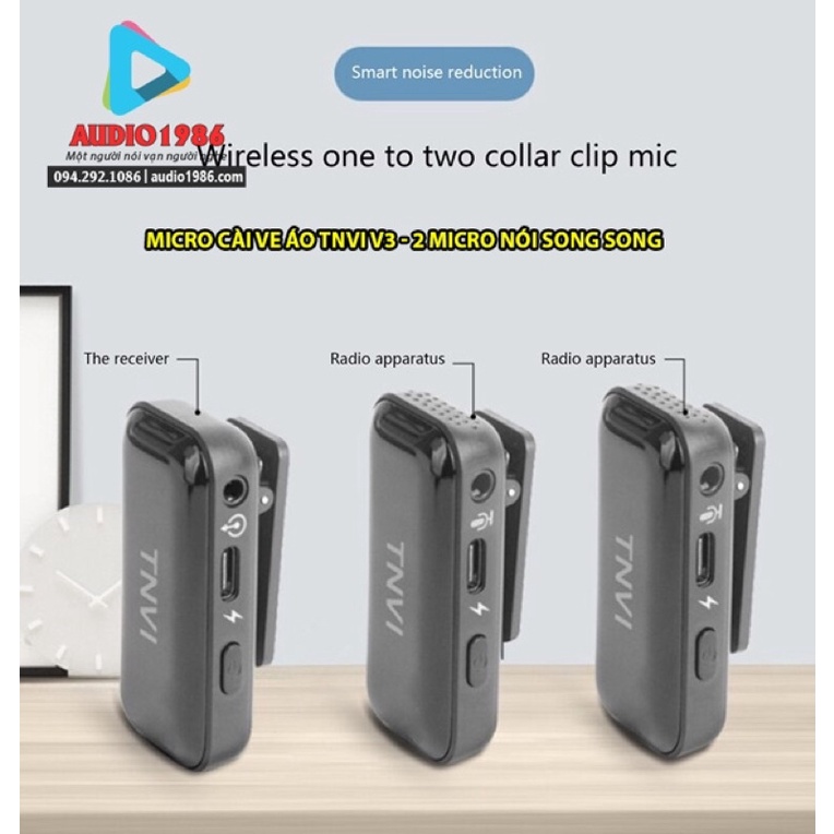 Micro TNVI V3 pro kèm 2 mic không dây kẹp ve áo, cài áo siêu nhỏ gọn cho điện thoại thông minh, máy tính laptop pc