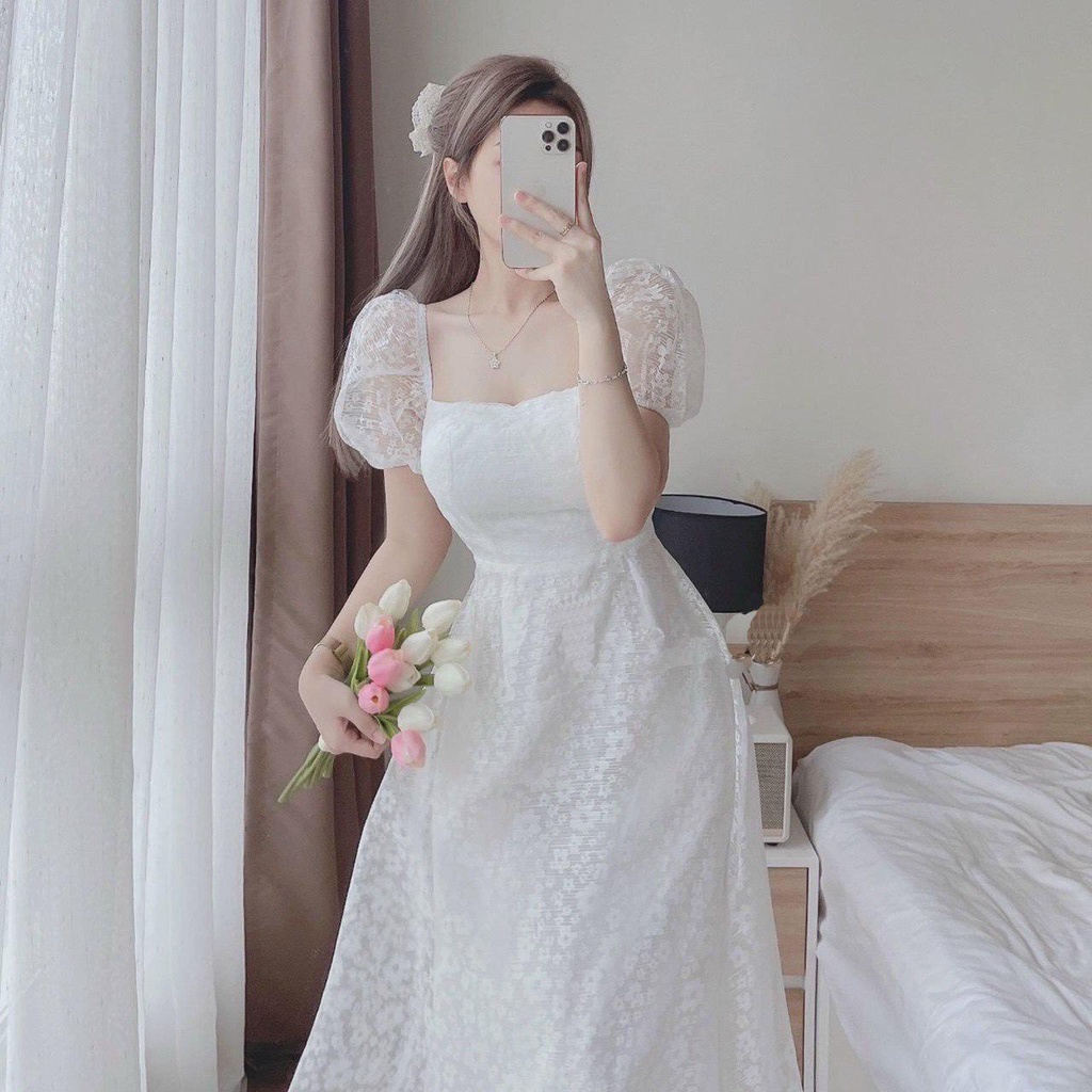 Đầm Midi Kiểu Dáng Nữ Tính Thiết Kế Hở Lưng Họa Tiết Hoa Nổi Màu Trắng  | ROSE CLOTHING D0602