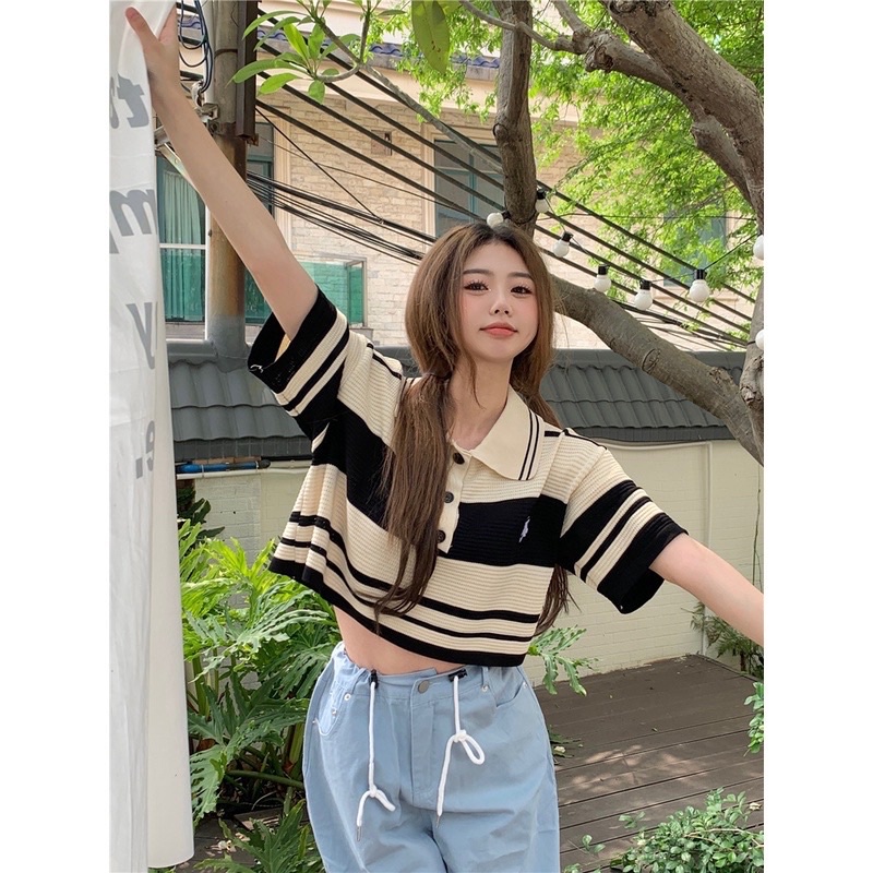 Áo cộc tay Đầm polo chất len mongtoghi hoạ tiết kẻ sọc ngang thời trang nữ mùa hè