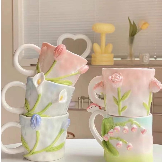 ❤Ly Sứ Uống Nước Họa Tiết Hoa Tulip Dập Nổi Ba Chiều