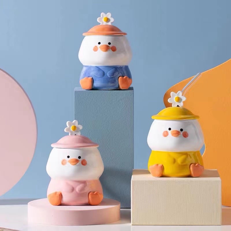 Cốc sứ hình chú vịt đáng yêu, ly sứ kèm thìa hoa cúc và ống hút thuỷ tinh