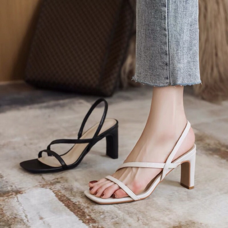 Giày sandal cao gót nữ da mềm kiểu dáng mũi vuông gót dẹp thời trang nữ, SD22 Oula Store