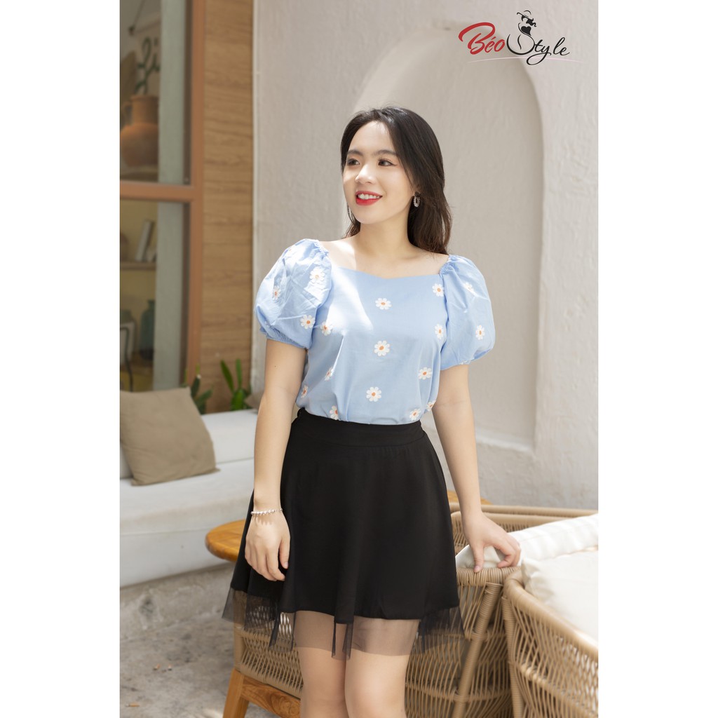 BIGSIZE nữ áo kiểu thêu hoa xinh xắn AKBS012 Béo Style cho người béo mập, mẹ bầu 55-100kg. Công sở, đi chơi