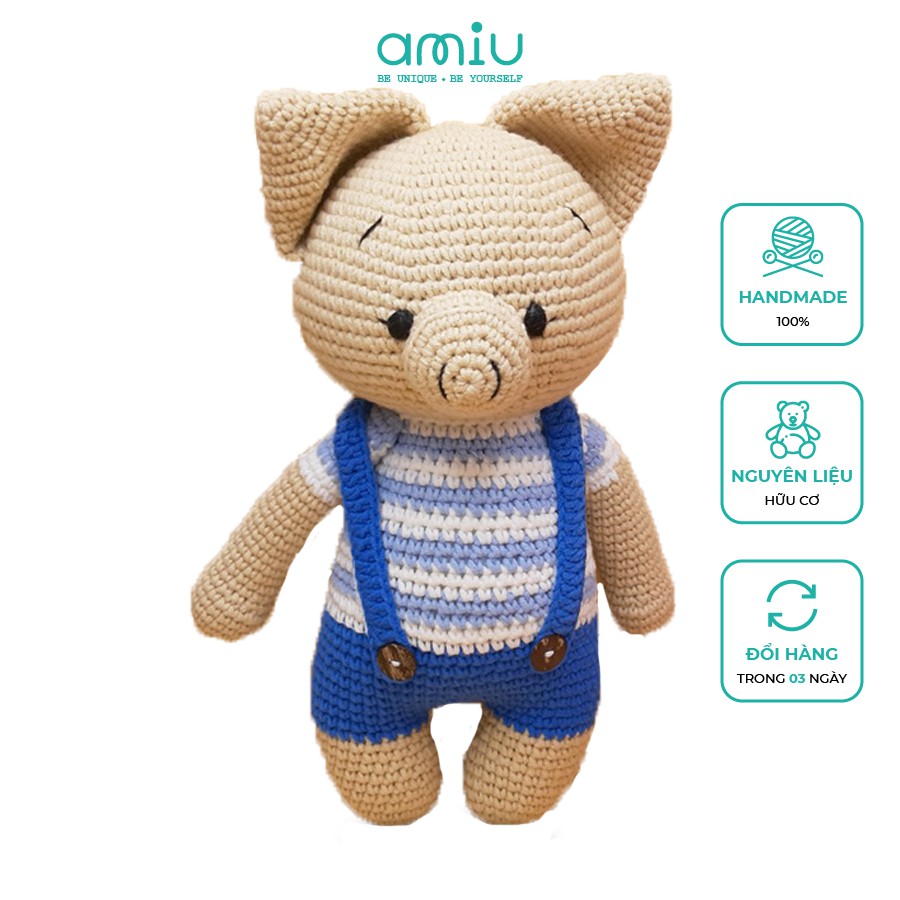Gấu bông móc len Amigurumi cao cấp Amiu Việt Nam - Bé heo xinh tròn mặc quần yếm handmade - SP000044