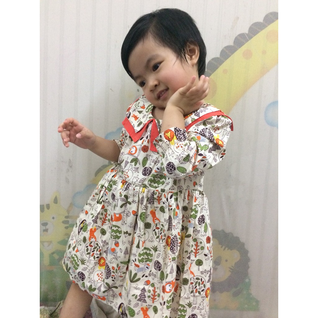 Váy baby doll cổ bích dài tay in hình cute cho bé