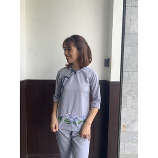 Đồ lam Đi chùa nữ. viền Đôi đồ lam cổ tròn nút so đủ size