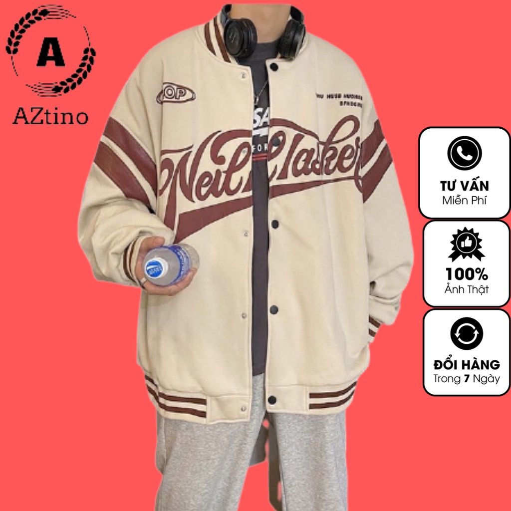 Áo Bomber unisex AZtino, áo khoác nỉ bóng chày form rộng dáng dài thể thao 3 sọc, phong cách trẻ trung năng động.