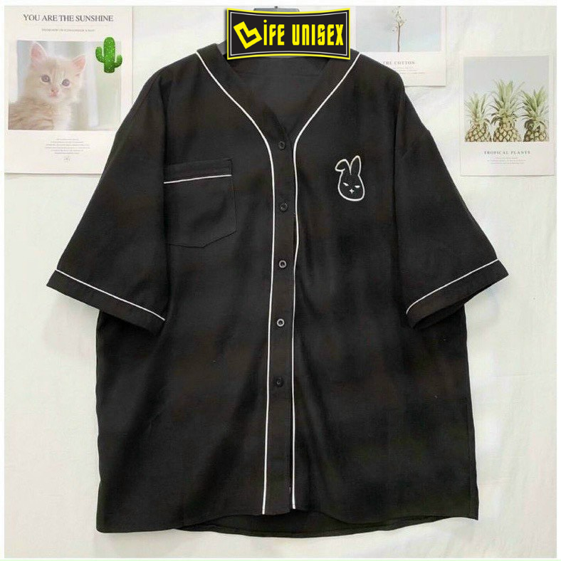 Áo khoác cardigan sơ mi chạy viền thêu hình THỎ form rộng, Áo khoác kate hàn phong cách Unisex dày dặn - Life Unisex