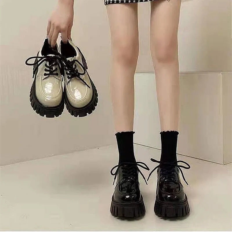 Giày Da Đế Xuồng Cột Dây Phía Trước Phong Cách Anh Quốc