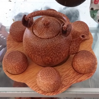 Bộ bình gỗ dừa dĩa hoa mai cốc tròn