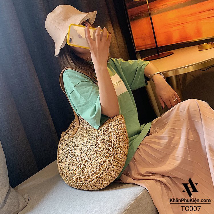 [NowShip - Giao Ngay] Túi Cói Boho Vintage Đeo Vai, Đeo Chéo Hình Tròn Dây Da Màu Nâu Be Trơn