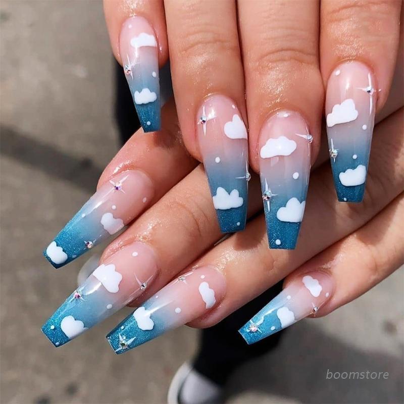 Set 24 Móng Tay Giả Màu Xanh Dương Gradient Độc Đáo