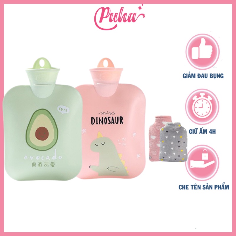 Túi nóng chườm bụng PUHA 900ml, túi chườm ấm nóng sưởi ấm bụng kinh giảm đau hiệu quả cho nữ, điều trị trấn thương.