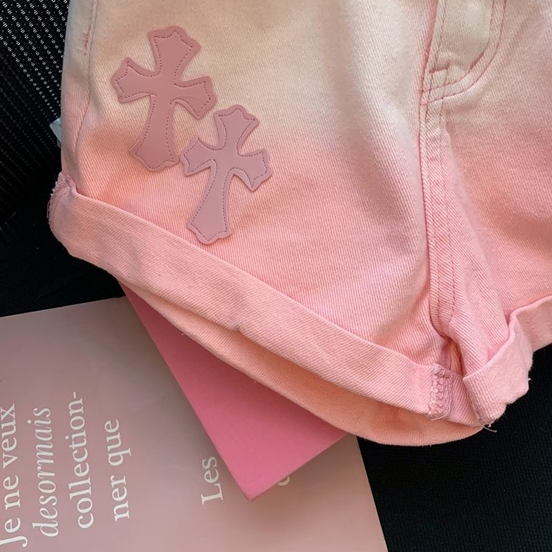 Jiashucheng Quần Short Denim Màu Hồng Gradient Chéo Eo Cao Thời Trang Mùa Hè Mới Cho Nữ