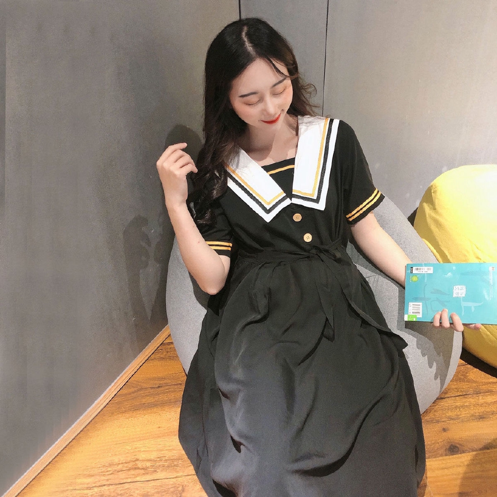 Đầm Midi Chữ a Tay Lửng Cổ Thủy Thủ Dáng Rộng Dễ Phối Đồ Thời Trang Cho Nữ