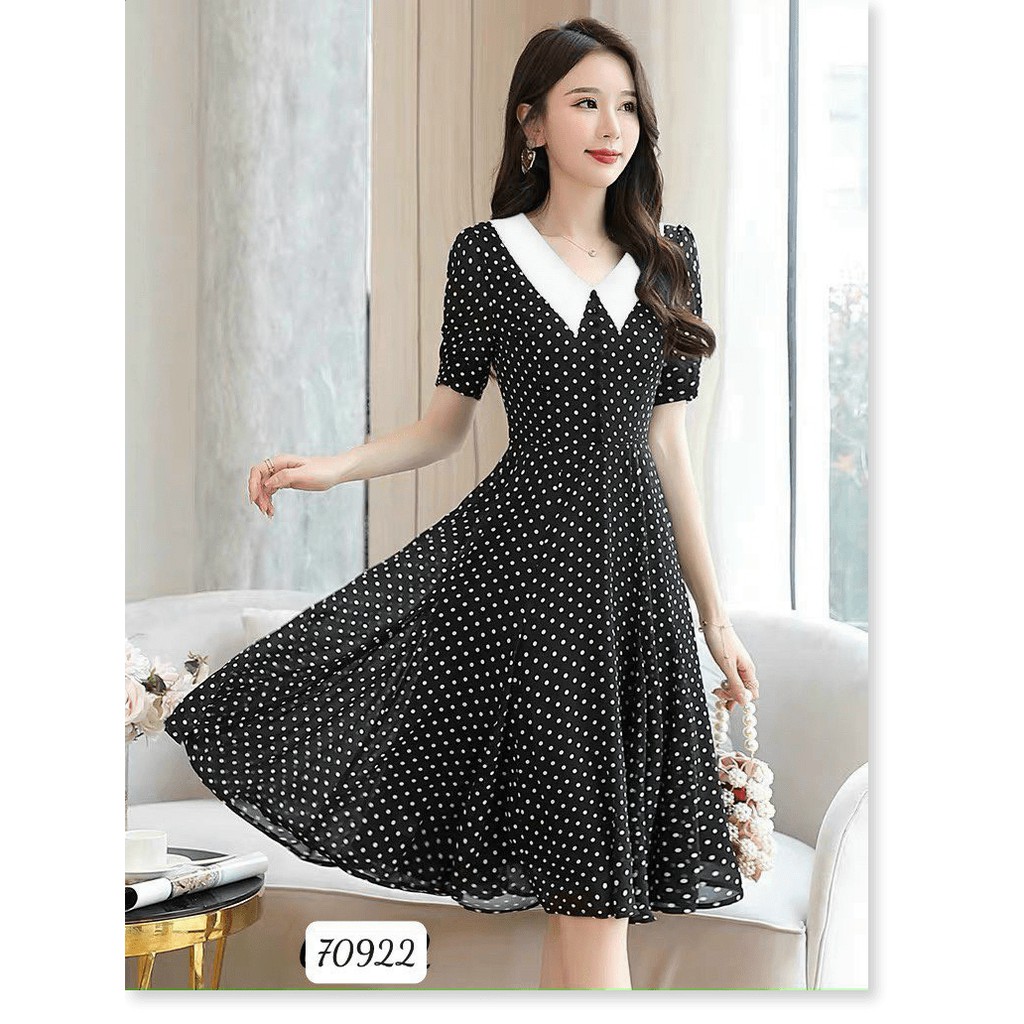 ĐẦM XÒE NỮ CHẤM BI PHỐI CỔ LÁ SEN DUYÊN DÁNG LỊCH THIỆP ĐỦ SIZE S M L XL XXL