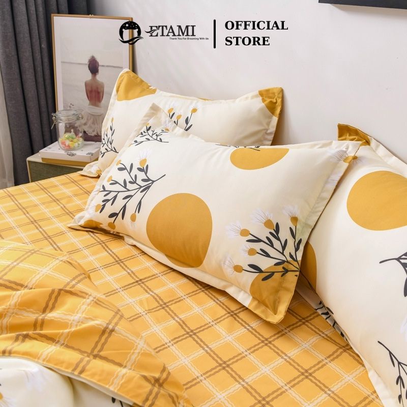 Bộ chăn ga gối cao cấp ETAMI cotton poly cỏ vàng tròn cute miễn phí bo chun drap giường , ga trải giường P19