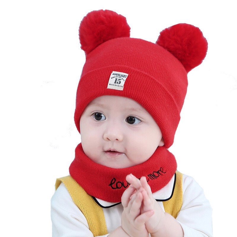 Mũ len cho bé trẻ sơ sinh trai gái kèm khăn 2 quả bông