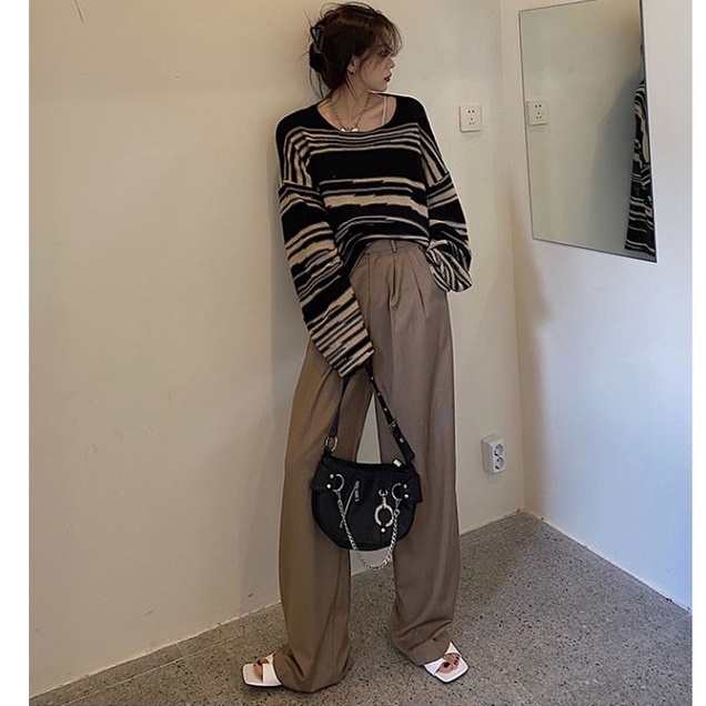 Cocory vn  Áo dệt kim dài tay cổ tròn dáng rộng họa tiết kẻ sọc phong cách retro trẻ trung cho nữ | BigBuy360 - bigbuy360.vn