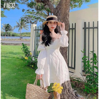 Đầm trễ vai in hoa cúc nổi siêu xinh