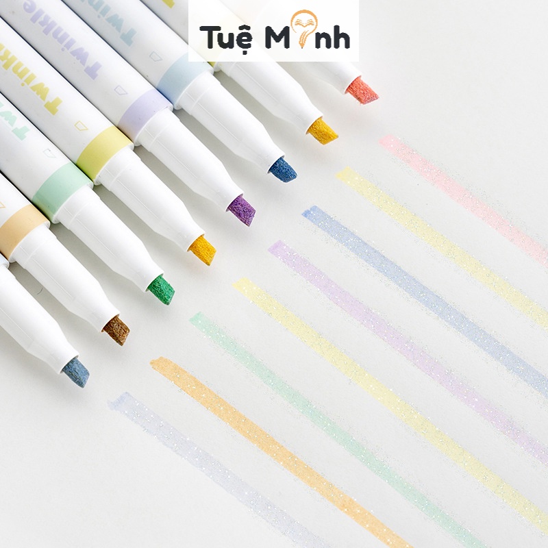 Bộ 4 bút higlight 2 đầu nhũ kim tuyến Twinkle B43 màu dạ quang ánh kim bút nhớ Pastel