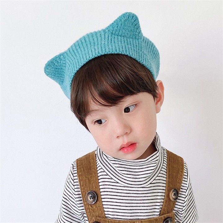 Mũ Beret Dệt Kim Hoạ Tiết Tai Mèo Hoạt Hình Phong Cách Hàn Quốc Cho Bé