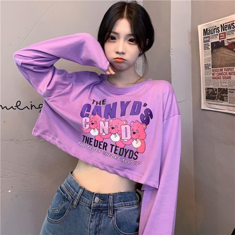 Áo Croptop Tay Dài in chữ (tím-trắng)