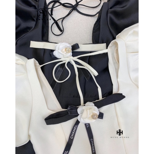 Váy tafta xoè tay bồng kèm hoa