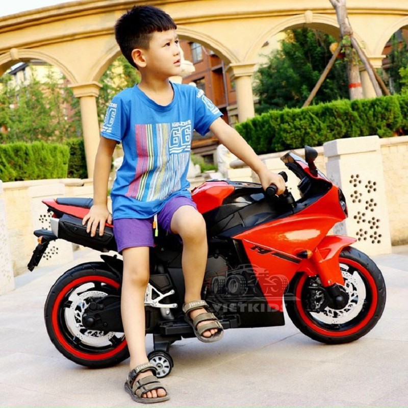Xe máy điện moto 3 bánh R1 đồ chơi cho bé siêu thể thao 2 động cơ 6V7AH (Đỏ-Trắng)